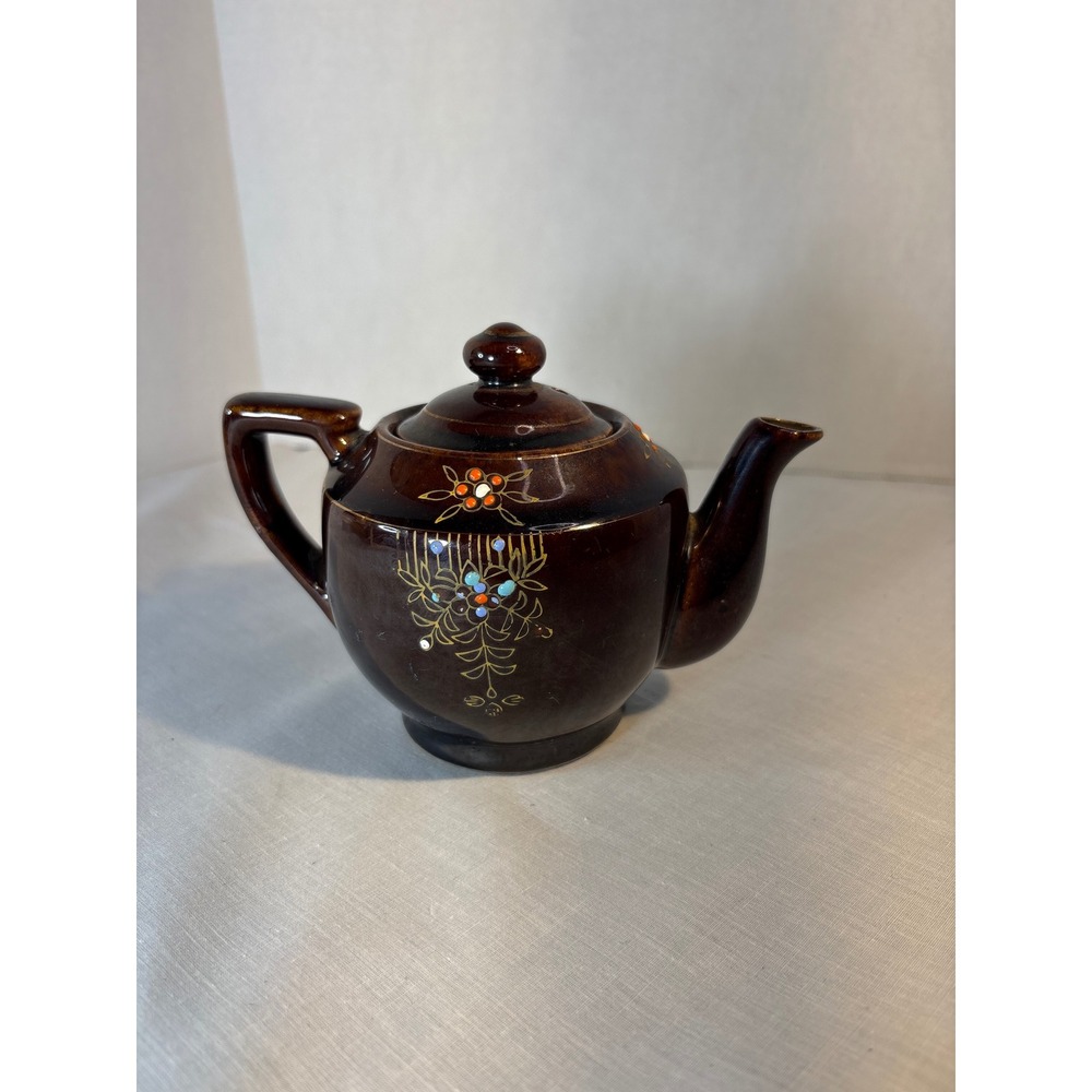 Vintage Brown Ceramic Teapot with Floral Design Mini Small Charming Accent Piece